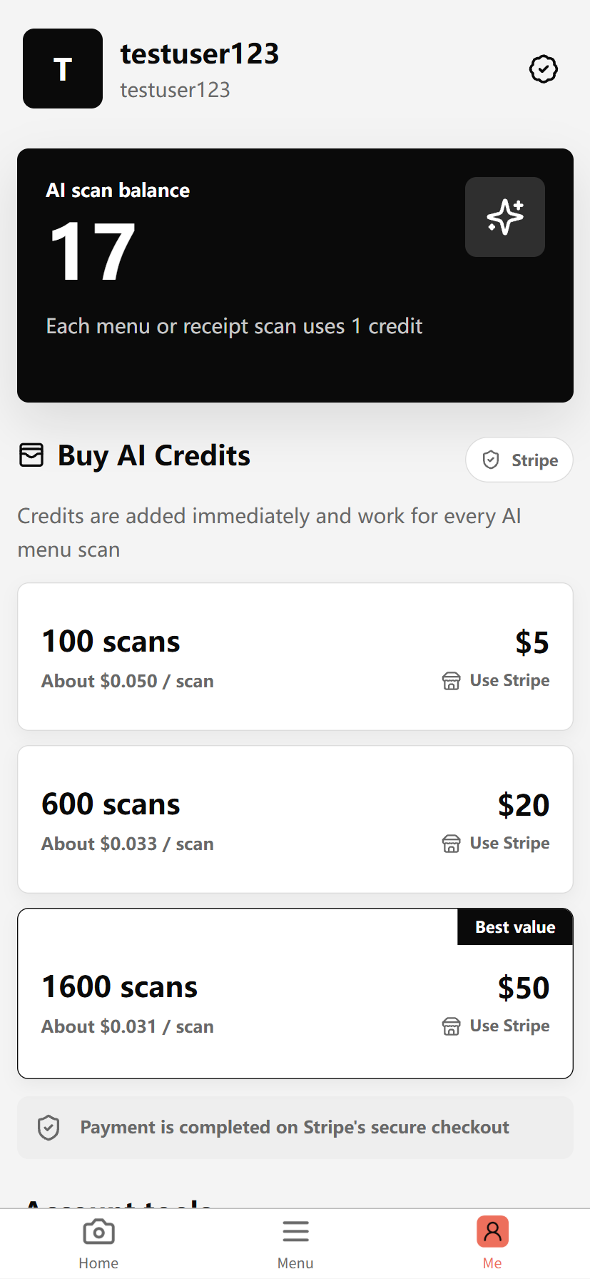 AiMenu English account and AI credit purchase screen