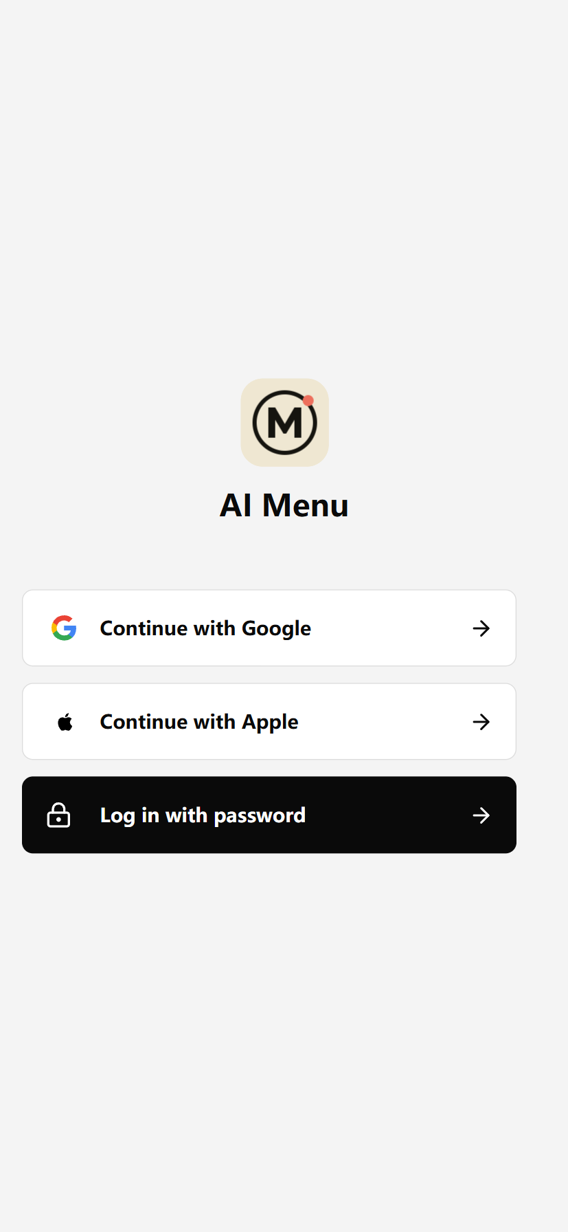AiMenu English sign-in screen